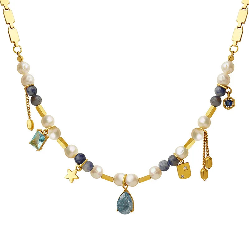 Colar Ouro 18K Kairos Pedras Natural Pérolas e Cristais
