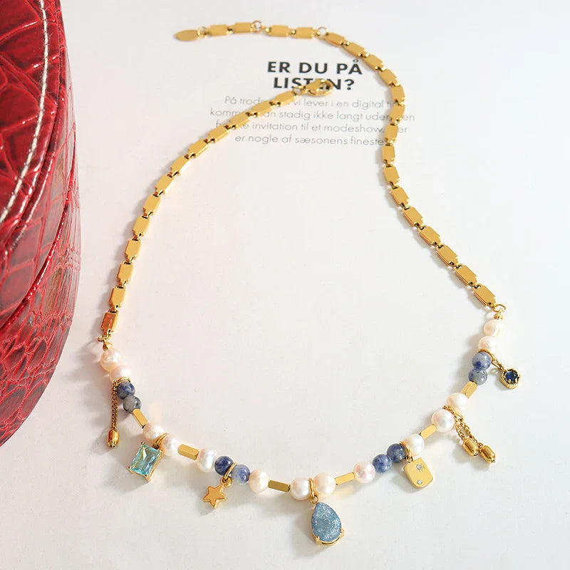 Colar Ouro 18K Kairos Pedras Natural Pérolas e Cristais