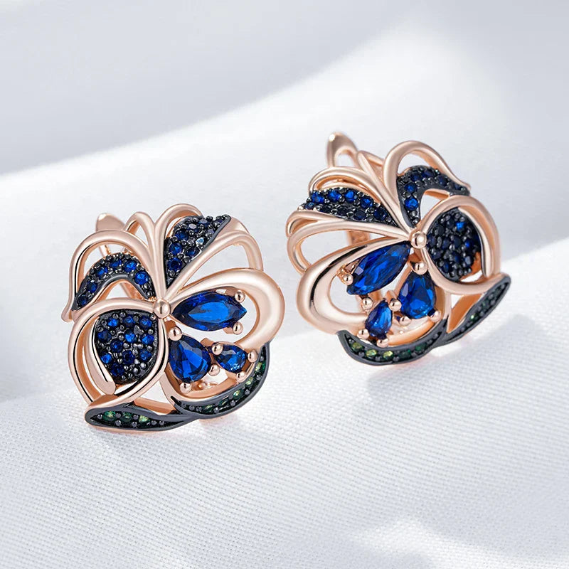 Brincos Florais com Zircão Azul e Ouro Rosa Vintage