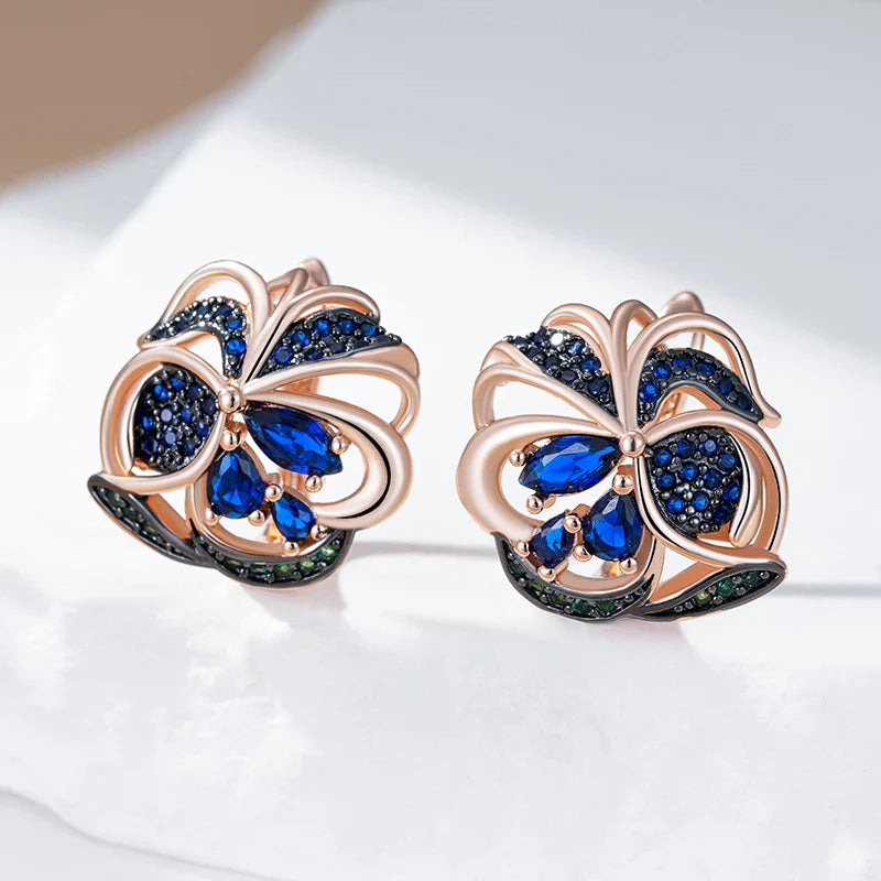 Brincos Florais com Zircão Azul e Ouro Rosa Vintage