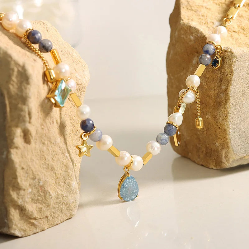 Colar Ouro 18K Kairos Pedras Natural Pérolas e Cristais